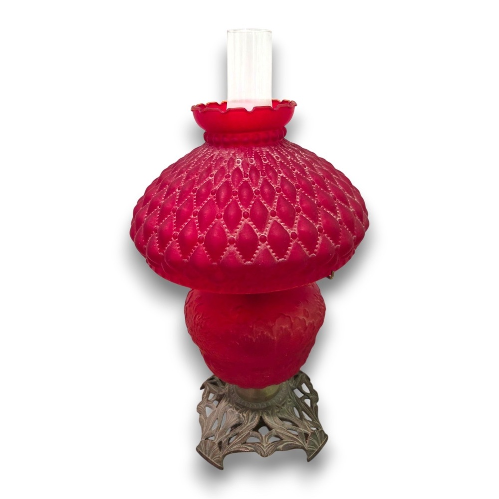 Antique Red Satin Quilted Glass Aladdin Style Oil Lamp Brass Base 20''